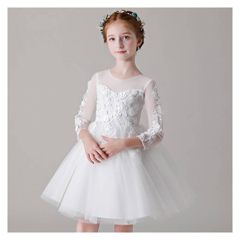 Flower girl formal white dress long sleeves 100-150cm