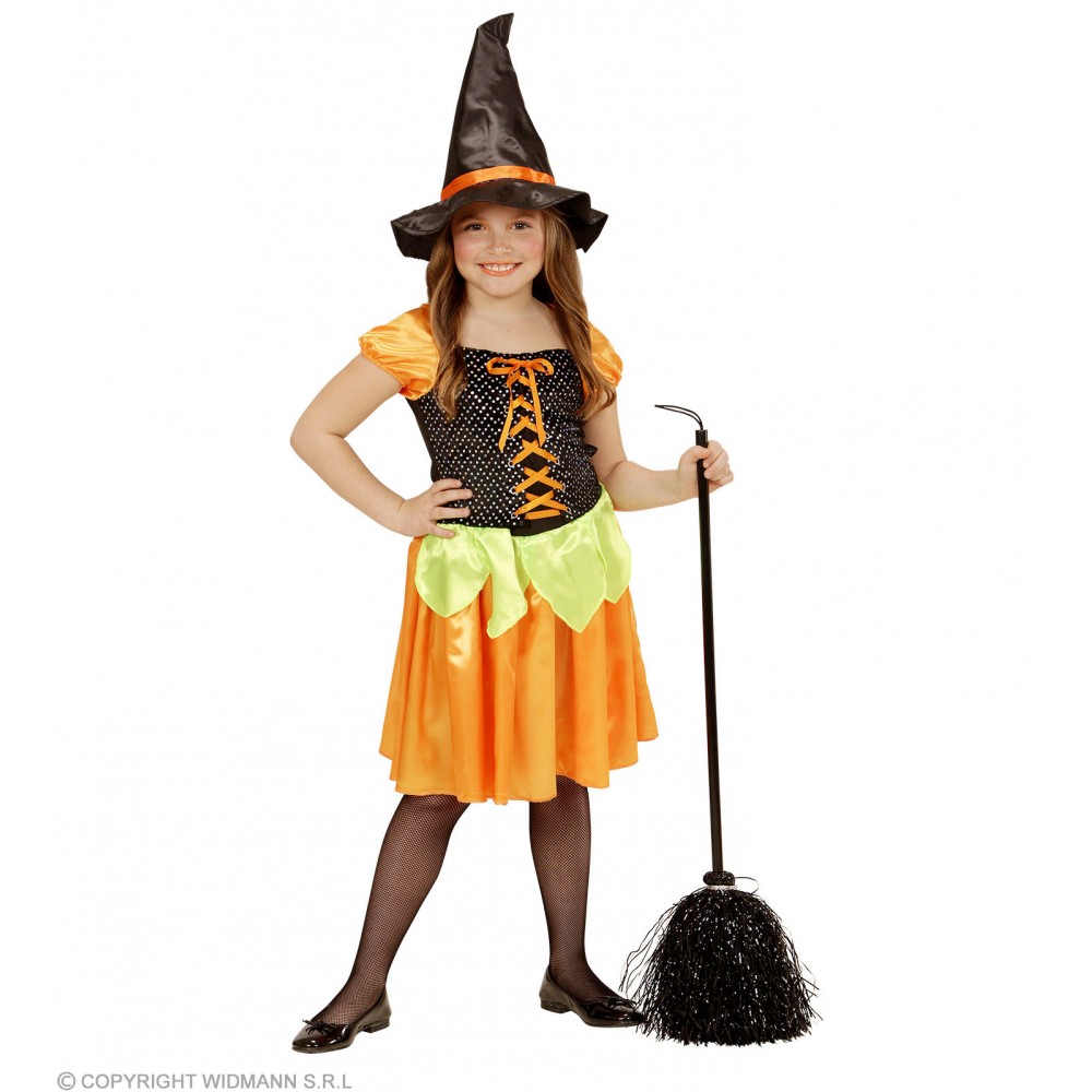 Halloween - Vestito carnevale Strega con Cappello per bambine, Arancione,  5-7 anni