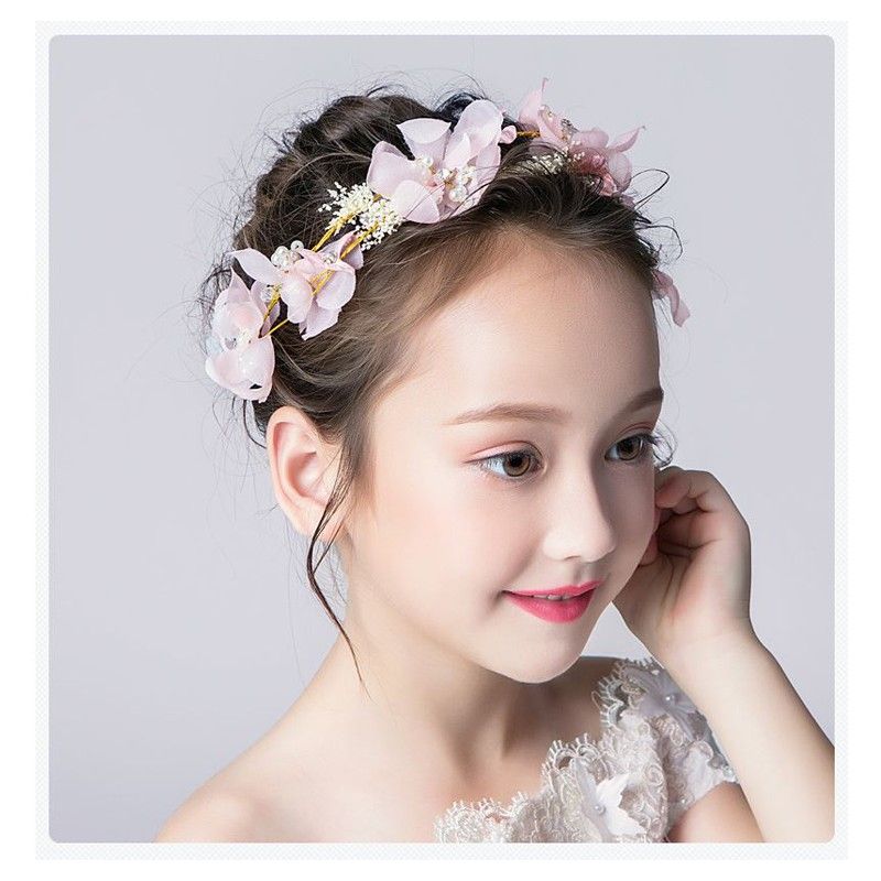 Decorated pink flowers little girl headband  for ceremonies