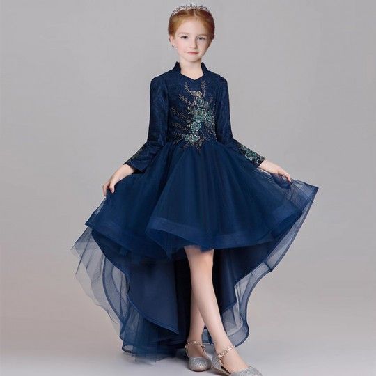 Robe de soirée à manches longues pour fille, bleu 100-160cm